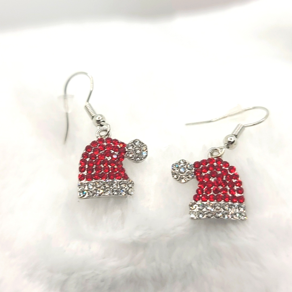 Rhinestone Santa Hat Dangle Earrings Silver tone holiday NWT